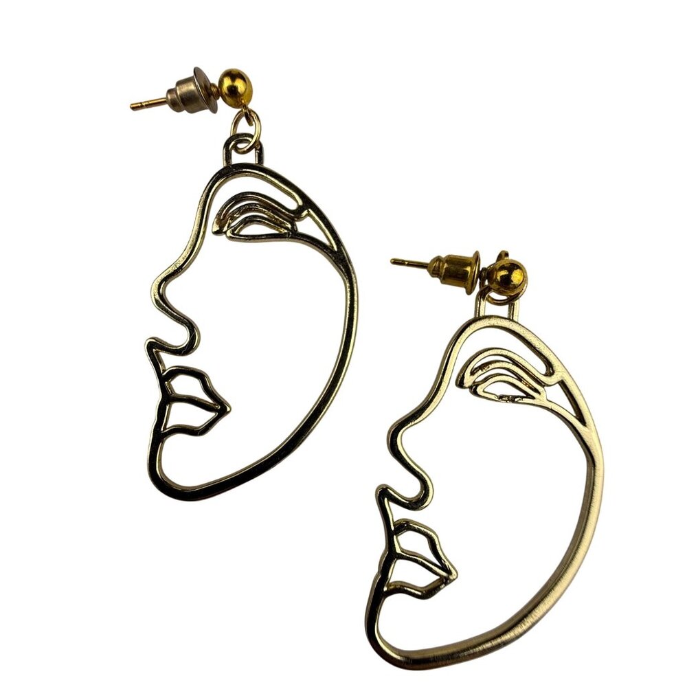 Wire Face Outline Earrings For Women Gold Tone Lightweight Drop Style
